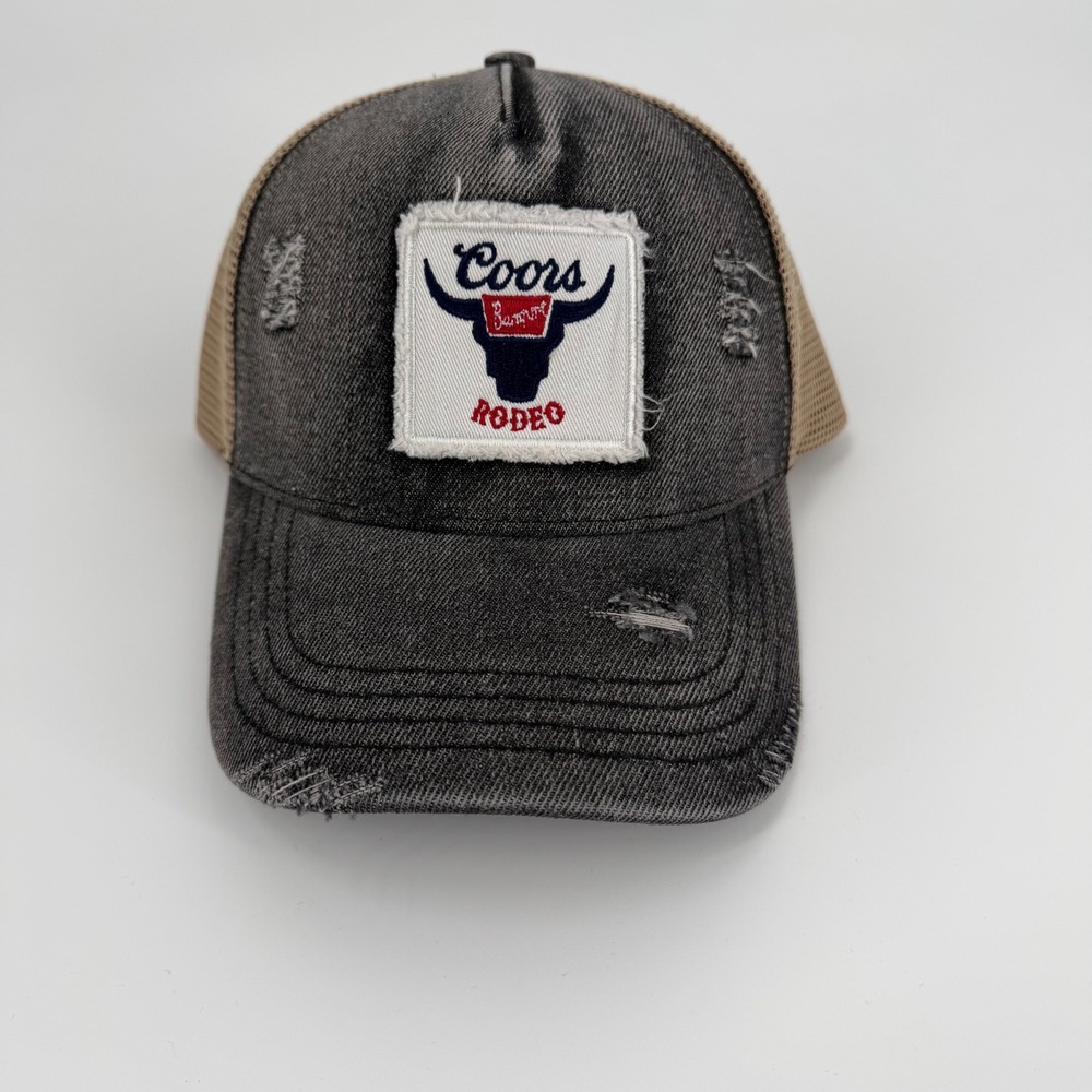 Coors Banquet Rodeo Trucker Hat Distressed Black Denim Tan Mesh‎ Snapback Cap